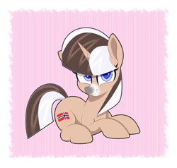 Size: 2000x1900 | Tagged: safe, artist:scandianon, derpibooru import, oc, oc only, oc:norsk fjord, pony, unicorn, facial markings, female, hair over eyes, horn, looking at you, lying down, mare, nation ponies, passepartout, ponified, smiling, solo, species swap