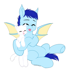 Size: 3000x3000 | Tagged: safe, artist:xcinnamon-twistx, derpibooru import, oc, oc only, oc:niko, bat pony, cat, :p, cuddling, eyes closed, fangs, simple background, solo, tongue, tongue out, transparent background