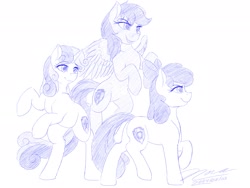 Size: 1920x1440 | Tagged: safe, artist:novaintellus, derpibooru import, apple bloom, scootaloo, sweetie belle, earth pony, pegasus, pony, unicorn, g4, atg 2024, cutie mark crusaders, female, filly, foal, horn, monochrome, newbie artist training grounds, rearing, simple background, trio, white background