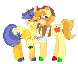 Size: 2500x2048 | Tagged: safe, artist:femurthechangeling, derpibooru import, braeburn, comet tail, earth pony, pony, unicorn, g4, alternate design, bandage, bandaged leg, blushing, blushing profusely, braeburn's hat, broken leg, colored hooves, duo, duo male, g5 horn, gay, hat, hoof hold, hooves, horn, male, multicolored hooves, nuzzling, raised hoof, raised leg, rarepair, redesign, ship:cometburn, shipping, simple background, transparent background