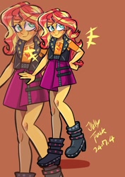 Size: 1240x1754 | Tagged: safe, artist:jully-park, derpibooru import, part of a set, sunset shimmer, better together, equestria girls, g4, arms, boots, bust, clothes, cute, eyelashes, fingers, geode of empathy, hand, hand on hip, happy, leather vest, legs, long hair, magical geodes, shimmerbetes, shirt, shoes, signature, simple background, skirt, smiling, smirk, solo, standing, teenager, top, vest, zoom layer