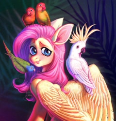 Size: 1960x2048 | Tagged: safe, artist:ziggylemon, derpibooru import, fluttershy, bird, parrot, pegasus, pony, g4, cockatoo, female, looking back, lovebird, mare, sitting, sitting on head, smiling, solo