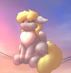 Size: 1852x1905 | Tagged: safe, artist:gosha305, derpibooru import, derpy hooves, pegasus, pony, g4, behaving like a bird, chest fluff, cute, derpabetes, ear fluff, ears, eyes closed, female, floppy ears, fluffy, full body, mare, morning, puffed chest, sitting, sky, sky background, sleeping, smiling, solo, sunrise, wires