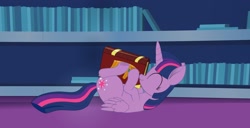 Size: 1920x980 | Tagged: safe, artist:k. dale, derpibooru import, twilight sparkle, twilight sparkle (alicorn), alicorn, pony, g4, behaving like a cat, bibliophile, book, cargo ship, cute, eyes closed, female, folded wings, happy, library, lying down, mare, movie accurate, on back, ship:twibook, shipping, smiling, solo, that pony sure does love books, thicc thighs, thighs, thunder thighs, twiabetes, twilight's castle, twilight's castle library, wings