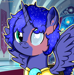 Size: 1980x1986 | Tagged: safe, artist:codenamekid, derpibooru import, oc, oc only, oc:prince lunar c. eclipse, alicorn, pony, armor, blind eye, burn marks, canterlot throne room, gradient mane, looking at you, male, male oc, moon, mural, shading, shattered moon, smiling, smiling at you, solo, sparkles, spread wings, stallion, stallion oc, stars, sword, tapestry, textless, weapon, wings