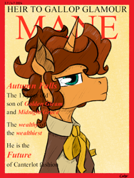 Size: 700x933 | Tagged: safe, artist:gotyx96, derpibooru import, oc, oc only, oc:autumn falls, pony, unicorn, g4, clothes, horn, magazine, magazine cover, male, not cheese sandwich, solo, stallion, text