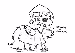 Size: 4092x2893 | Tagged: safe, artist:timsplosion, derpibooru import, oc, oc only, oc:graphite sketch, oc:graphite sketch (timsplosion), pegasus, pony, bags under eyes, chocolate, clothes, coffee mug, food, grayscale, hat, hot chocolate, male, marshmallow, monochrome, mug, nightcap, pajamas, simple background, sketch, slippers, solo, stallion, themed slippers, tired, white background, wing hold, wings