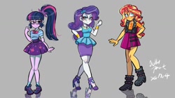 Size: 1280x720 | Tagged: safe, artist:jully-park, derpibooru import, rarity, sci-twi, sunset shimmer, twilight sparkle, better together, equestria girls, g4, female, gray background, pigeon toed, reflection, simple background, trio, trio female