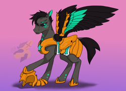 Size: 2350x1700 | Tagged: safe, derpibooru import, oc, oc only, oc:northrix, pegasus, pony, g4, armor, armored pony, black mane, black sclera, colored wings, gradient background, gray coat, guard, helmet, royal guard, short mane, short tail, solo, standing, tail, teal eyes, two toned wings, wing armor, wings