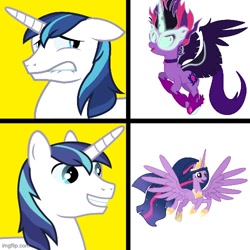 Size: 500x500 | Tagged: safe, artist:daringashia, derpibooru import, editor:railpony, midnight sparkle, princess twilight 2.0, sci-twi, shining armor, twilight sparkle, twilight sparkle (alicorn), alicorn, pony, unicorn, equestria girls, friendship games, g4, the last problem, big crown thingy 3.0, brother and sister, clothes, demon twilight, duo, equestria girls ponified, evil twilight, female, horn, hotline bling, imgflip, male, meme, older, older twilight, older twilight sparkle (alicorn), peytral, ponified, ponified meme, shoes, siblings, simple background, species swap, white background, yellow background