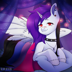 Size: 2000x2000 | Tagged: safe, alternate version, artist:erein, derpibooru import, oc, oc only, oc:jasmina, alicorn, pony, alicorn oc, alternate character, bedroom, bisexual, bisexual female, bisexual pride flag, choker, commission, ear piercing, earring, ears up, female, flag, garland, high res, horn, indoors, jewelry, lgbt, looking at you, multicolored hair, necklace, night, piercing, pillow, pride, pride flag, pride month, red eyes, ring, room, scar, smiling, smiling at you, solo, spread wings, string lights, tail, unshorn fetlocks, white fur, wings, ych result