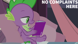 Size: 1920x1080 | Tagged: safe, derpibooru import, edit, edited screencap, editor:quoterific, screencap, spike, dragon, g4, season 9, the summer sun setback, comic book, male, pillow, reading, solo, winged spike, wings