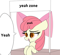 Size: 1960x1789 | Tagged: safe, artist:scandianon, derpibooru import, apple bloom, earth pony, pony, g4, apple bloom's bow, bow, box, female, filly, foal, hair bow, meme, open mouth, sign, simple background, sitting, solo, speech bubble, talking, text, white background, yeah