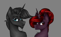 Size: 2300x1400 | Tagged: safe, artist:darklight1315, derpibooru import, oc, oc only, oc:ardent, oc:claret, pony, unicorn, fallout equestria, duo, ear fluff, ears, fallout equestria: mayday, gray background, horn, simple background