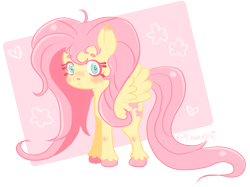 Size: 1192x893 | Tagged: safe, artist:bwunni, derpibooru import, fluttershy, pegasus, pony, g4, abstract background, blushing, chibi, cute, female, mare, shyabetes, solo