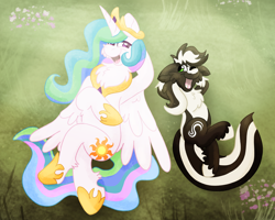 Size: 2500x2000 | Tagged: safe, artist:euspuche, derpibooru import, princess celestia, oc, oc:zenawa skunkpony, alicorn, earth pony, hybrid, skunk, skunk pony, g4, anatomically incorrect, arm behind head, butt, canon x oc, chest fluff, crossed legs, duo, duo male and female, earth pony oc, fangs, female, folded wings, high res, hybrid oc, incorrect leg anatomy, jewelry, looking at each other, looking at someone, lying down, male, mare, on back, one eye closed, open mouth, outdoors, plot, regalia, royalty, size difference, smiling, smiling at each other, stallion, sunbutt, tail, together, unshorn fetlocks, wings