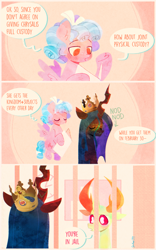 Size: 1698x2727 | Tagged: safe, artist:sockiepuppetry, derpibooru import, cozy glow, queen chrysalis, thorax, changedling, changeling, changeling queen, pegasus, pony, g4, burger king, burger king crown, comic, dialogue, female, filly, foal, high res, jail, king thorax, male, paper crown, speech bubble, trio