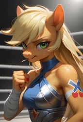 Size: 2496x3648 | Tagged: safe, ai content, derpibooru import, generator:pony diffusion v6 xl, generator:stable diffusion, machine learning generated, applejack, anthro, earth pony, g4, alternate hairstyle, applerack, arm wraps, armor, boxing ring, breasts, confident, female, fighting stance, fist, freckles, halter top, long hair, looking at you, mare, messy hair, prompter:madlyirrelevant, shoulder freckles, smiling, smiling at you, solo