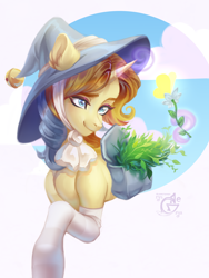 Size: 1800x2400 | Tagged: safe, artist:ryusya, derpibooru import, oc, butterfly, pony, unicorn, clothes, flower, hat, horn, outdoors, socks, solo, witch hat