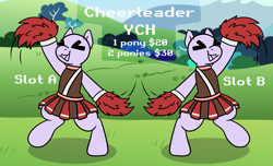 Size: 1911x1165 | Tagged: safe, artist:bluemoon, derpibooru import, oc, pony, advertisement, bipedal, cheering, cheerleader, cheerleader outfit, clothes, commission, commission info, duo, outfit, pom pom, skirt, ych example, your character here