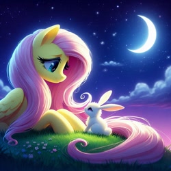 Size: 1024x1024 | Tagged: safe, ai content, derpibooru import, generator:bing image creator, generator:dall-e 3, machine learning generated, fluttershy, pegasus, pony, rabbit, g4, animal, cloud, crescent moon, cute, female, folded wings, mare, moon, night, outdoors, prompter:nightofcore, shyabetes, solo, starry sky, stars, subsurface scattering, wings