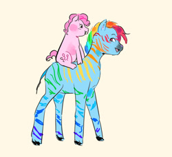 Size: 1056x964 | Tagged: safe, artist:xxk1ttyl1tterxx, derpibooru import, pinkie pie, rainbow dash, pig, zebra, g4, duo, female, piggie pie, pigified, riding, simple background, species swap, zebrafied