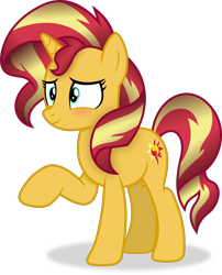 Size: 3147x3893 | Tagged: safe, artist:anime-equestria, derpibooru import, sunset shimmer, pony, unicorn, g4, blushing, female, horn, mare, raised hoof, raised leg, simple background, smiling, solo, transparent background, vector