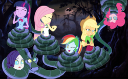 Size: 749x460 | Tagged: safe, artist:frownguy10, derpibooru import, applejack, fluttershy, pinkie pie, rainbow dash, rarity, twilight sparkle, human, snake, equestria girls, g4, ^^, applejack's hat, clothes, coils, cowboy hat, eyes closed, female, freckles, grin, hat, humane five, humane six, hypno dash, hypno eyes, hypno pie, hypnojack, hypnority, hypnoshy, hypnosis, hypnotized, kaa, kaa eyes, male, one eye closed, open mouth, open smile, smiling, upside down, wrapped snugly, wrapped up