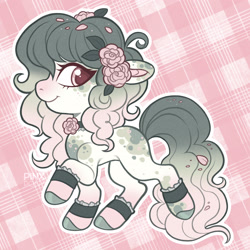 Size: 2048x2048 | Tagged: safe, artist:pinxpony, derpibooru import, oc, oc only, oc:rhosyn, earth pony, pony, artfight, bipedal, brown pupils, chibi, choker, coat markings, colored eartips, colored hooves, colored pinnae, colored pupils, dappled, ear markings, earth pony oc, eyelashes, facial markings, female, flower, flower in hair, flower in tail, flower on ear, gift art, gradient legs, gradient mane, gradient muzzle, gradient tail, high res, hooves, lace, long mane, long tail, looking back, mare, mare oc, multicolored mane, multicolored tail, outline, patterned background, petals, pink eyes, profile, shiny hooves, signature, smiling, solo, tail, thin, wavy mane, wavy tail