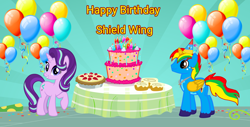 Size: 1518x772 | Tagged: safe, artist:lizzmcclin, artist:shieldwingarmorofgod, derpibooru import, starlight glimmer, oc, oc:shield wing, alicorn, unicorn, g4, alicorn oc, balloon, cake, female, food, happy birthday, horn, male, wings