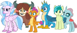 Size: 1679x722 | Tagged: safe, derpibooru import, edit, edited screencap, editor:pascalmulokozi2, screencap, gallus, ocellus, sandbar, silverstream, smolder, yona, changedling, changeling, classical hippogriff, dragon, earth pony, griffon, hippogriff, yak, g4, background removed, dragoness, female, male, simple background, student six, transparent background