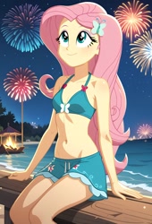 Size: 1612x2366 | Tagged: safe, ai content, derpibooru import, generator:pony diffusion v6 xl, generator:stable diffusion, machine learning generated, ponerpics import, twibooru import, fluttershy, human, equestria girls, g4, 4th of july, bare shoulders, beach, belly, belly button, bikini, bikini top, bonfire, bra, breasts, butterfly hairpin, clothes, curvy, cutie mark accessory, cutie mark hair accessory, cyan eyes, eyeshadow, female, fire, fireworks, fit, hair accessory, hairpin, happy, holiday, human coloration, humanized, inviting, long hair, looking up, makeup, night, ocean, pink eyeshadow, pink hair, prompter:tophatskyman, proud, sexy, sitting, skirt, sleeveless, slender, small breasts, smiling, solo, stupid sexy fluttershy, swimsuit, thin, underwear, vacation, watching, water, yellow skin