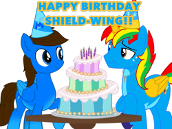 Size: 1024x768 | Tagged: safe, artist:bluemario11, derpibooru import, oc, oc:shield wing, alicorn, pegasus, g4, alicorn oc, cake, duo, food, happy birthday, horn, male, pegasus oc, simple background, transparent background, wings