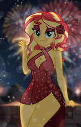 Size: 1280x2000 | Tagged: safe, artist:emeraldblast63, derpibooru import, ponerpics import, twibooru import, sunset shimmer, human, equestria girls, g4, 4th of july, adult, bare shoulders, beautiful, beautisexy, breasts, cleavage, clothes, curvy, cyan eyes, dress, event, eyeshadow, female, festival, fireworks, flower, flower in hair, happy, holiday, human coloration, humanized, independence day, inviting, long hair, looking at you, makeup, minidress, orange skin, png, reasonably sized breasts, red eyeshadow, rose, schrödinger's pantsu, sexy, sleeveless, smiling, smiling at you, solo, sparkles, stupid sexy sunset shimmer, sunset jiggler, two toned hair, united states, watching, waving, waving arms, waving at you, young