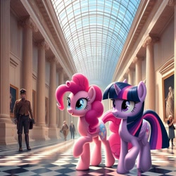 Size: 1024x1024 | Tagged: safe, ai content, derpibooru import, machine learning generated, pinkie pie, twilight sparkle, twilight sparkle (alicorn), alicorn, earth pony, human, g4, checkered floor, duo, duo female, female, mare, museum, pillar, prompter:pinkiepiepics