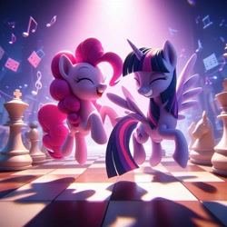 Size: 1024x1024 | Tagged: safe, ai content, derpibooru import, machine learning generated, pinkie pie, twilight sparkle, twilight sparkle (alicorn), alicorn, g4, checkered floor, chess piece, chessboard, duo, duo female, eyes closed, female, grin, lesbian, music notes, open mouth, prompter:pinkiepiepics, shipping, smiling, twinkie