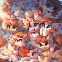 Size: 1024x1024 | Tagged: safe, ai content, derpibooru import, generator:pony diffusion v6 xl, generator:purplesmart.ai, generator:stable diffusion, machine learning generated, unicorn, blue eyes, chest fluff, ear fluff, ears, horn, leg fluff, orange mane, orange tail, pile, prompter:loxaxs, smiling, tail