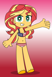 Size: 3000x4434 | Tagged: safe, artist:keronianniroro, derpibooru import, sunset shimmer, human, equestria girls, g4, 4th of july, clothes, gradient background, holiday, looking at you, panty and stocking with garterbelt, solo, swimsuit, vector