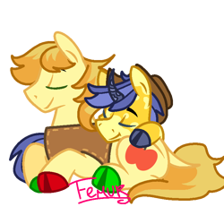 Size: 768x768 | Tagged: safe, artist:box-of-ideas, artist:femurthechangeling, derpibooru import, braeburn, comet tail, earth pony, pony, unicorn, g4, base used, braeburn's hat, clothes, cloven hooves, colored hooves, cuddling, duo, duo male, g5 horn, gay, hat, hooves, horn, male, multicolored hooves, rarepair, ship:cometburn, signature, simple background, sleeping, snuggling, transparent background, vest