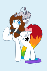 Size: 1365x2048 | Tagged: safe, artist:mscolorsplash, derpibooru import, oc, oc only, oc:color splash, oc:cornflake, pegasus, pony, zebra, biting, bow, colored pupils, commission, concave belly, duo, ear bite, female, foal, hair bow, light blue background, looking back, mare, pigtails, rainbow tail, simple background, tail, tail bow, twintails, zebra oc