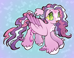 Size: 2048x1587 | Tagged: safe, artist:larvaecandy, derpibooru import, oc, oc only, oc:sweet dreams, pegasus, pony, :3, abstract background, artfight, beanbrows, big hooves, blush lines, blushing, chest fluff, colored hooves, colored muzzle, colored sclera, colored wings, colored wingtips, ear fluff, ears, eyebrows, female, floppy ears, folded wings, forehead jewelry, freckles, gift art, green eyes, heart, heart mark, hooves, large wings, long eyelashes, long mane, long tail, mare, mare oc, multicolored mane, multicolored tail, no pupils, open mouth, open smile, pegasus oc, purple coat, purple wingtips, smiling, solo, sparkly eyes, sparkly mane, sparkly tail, standing, tail, three toned mane, three toned tail, two toned wings, unshorn fetlocks, wavy mane, wavy tail, white hooves, wingding eyes, winged hooves, wings, yellow sclera