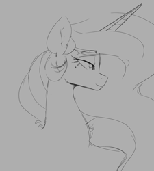 Size: 1227x1365 | Tagged: safe, artist:thelunarmoon, derpibooru import, princess celestia, alicorn, pony, g4, bust, ethereal mane, eyebrows, eyebrows visible through hair, female, gray background, grayscale, lidded eyes, long mane, mare, monochrome, profile, simple background, sketch, slender, solo, thin