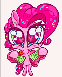 Size: 1440x1800 | Tagged: safe, artist:regenko, derpibooru import, pinkie pie, earth pony, pony, g4, :p, bipedal, clothes, dollars, heart, heart eyes, hoodie, money, simple background, solo, tongue, tongue out, white background, wingding eyes