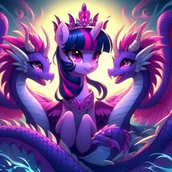 Size: 1024x1024 | Tagged: safe, ai content, derpibooru import, generator:bing image creator, generator:dall-e 3, machine learning generated, twilight sparkle, twilight sparkle (alicorn), alicorn, dragon, pony, g4, dragoness, female, fusion, multiple heads, prompter:mysticsunrise87, three heads, we have become one