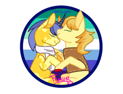 Size: 824x632 | Tagged: safe, artist:femurthechangeling, artist:lilith1light, derpibooru import, braeburn, comet tail, earth pony, pony, unicorn, g4, alternate design, base used, clothes, g5 horn, gay, gay pride flag, horn, male, pride, pride flag, redesign, scarf, ship:cometburn, shipping, signature, simple background, transparent background, vest, white scarf