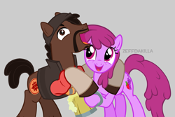 Size: 1875x1250 | Tagged: safe, artist:zeffdakilla, derpibooru import, berry punch, berryshine, earth pony, pony, g4, arm around back, cider, demoman, drunk, duo, duo male and female, female, gray background, happy, laughing, male, mare, ponified, raised hoof, raised leg, simple background, smiling, species swap, stallion, team fortress 2