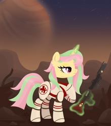 Size: 3500x4000 | Tagged: safe, artist:kabuvee, derpibooru import, oc, oc only, pony, unicorn, armor, female, gun, horn, magic, mare, planet, solo, spacesuit, unicorn oc, weapon