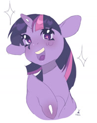 Size: 1292x1645 | Tagged: safe, artist:poselenets, derpibooru import, twilight sparkle, pony, unicorn, g4, 2022, eyelashes, happy, horn, looking at you, open mouth, raised hoof, raised leg, simple background, solo, sparkles, white background