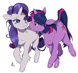 Size: 1684x1579 | Tagged: safe, artist:poselenets, derpibooru import, rarity, twilight sparkle, unicorn twilight, pony, unicorn, g4, 2022, duo, duo female, ears back, female, horn, looking at each other, looking at someone, mare, shiny eyes, shiny hooves, simple background, smiling, unshorn fetlocks, white background