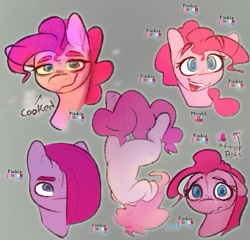 Size: 341x327 | Tagged: safe, artist:newpone, derpibooru import, pinkie pie, earth pony, g4, drawing for ants, ears up, eyebrows, happy, looking at you, pinkamena diane pie, reference sheet, sad, simple background, smiling, solo, tail, upside down